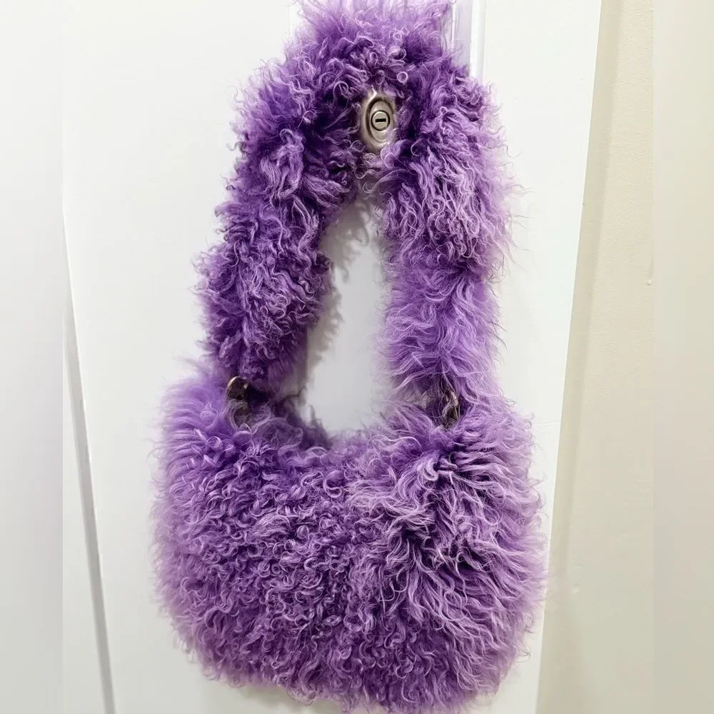 Handmade Lavender Real Curly Shearling Fashion Hobo Bag/Shoulder Bag/Crossbody